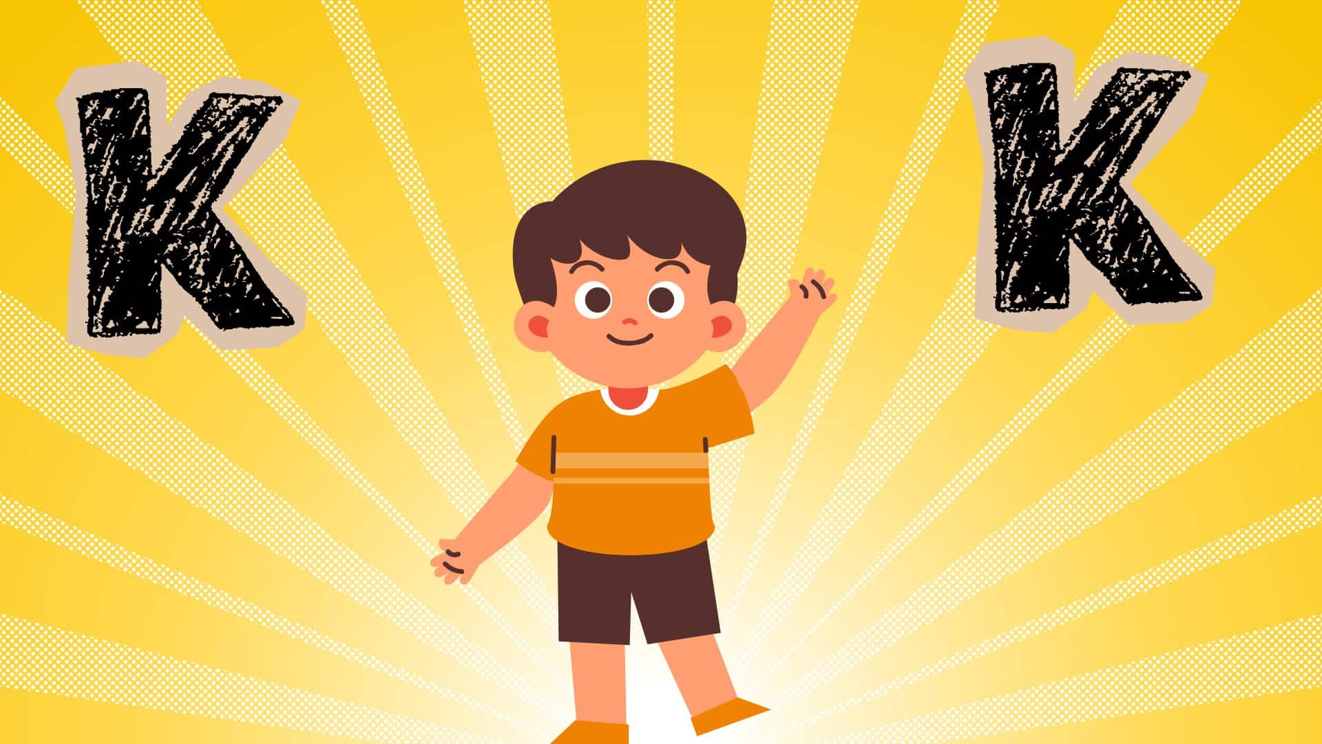 Cartoon boy standing between two large letter K symbols on a bright background, representing boy names that start with K for baby naming ideas