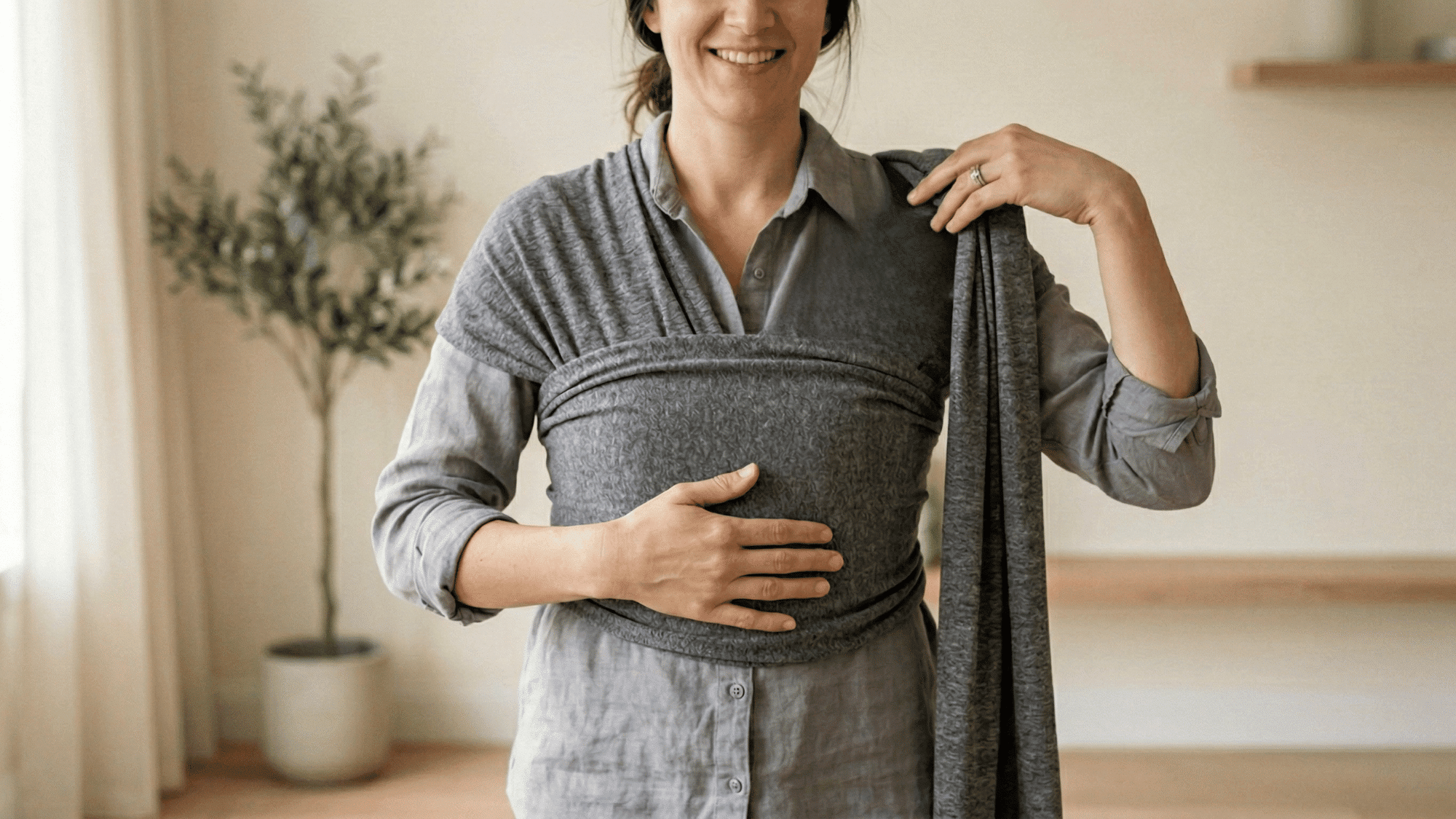 Center of baby wrap placed on abdomen and fabric pulled over shoulder (1)