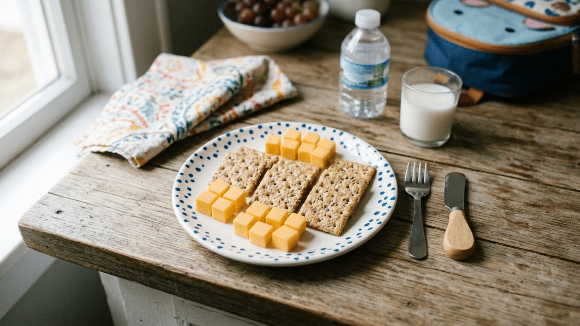 Cheese cubes served with whole grain crackers, a quick and balanced snack for growing kids