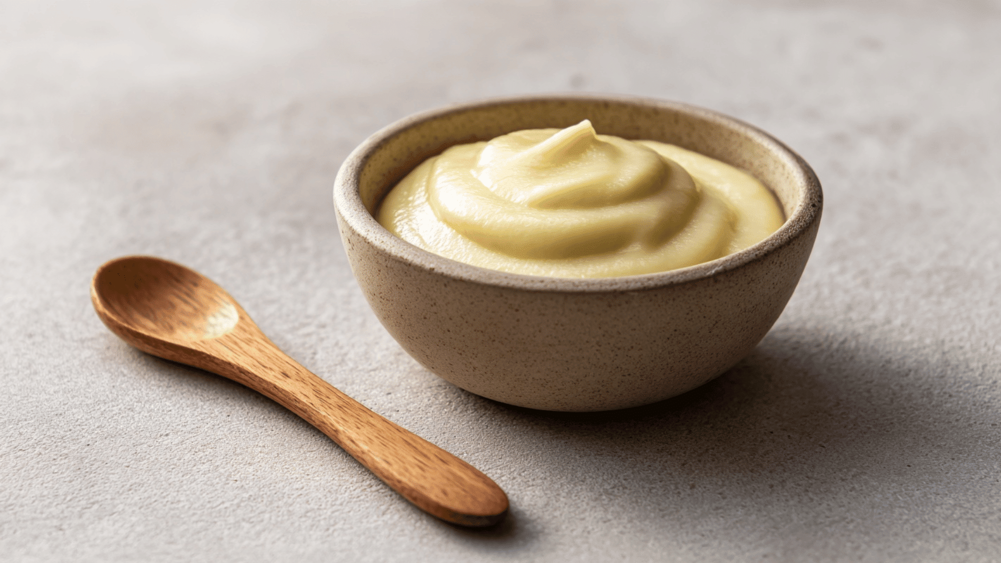 Chicken puree in a baby bowl with spoon on a simple kitchen surface