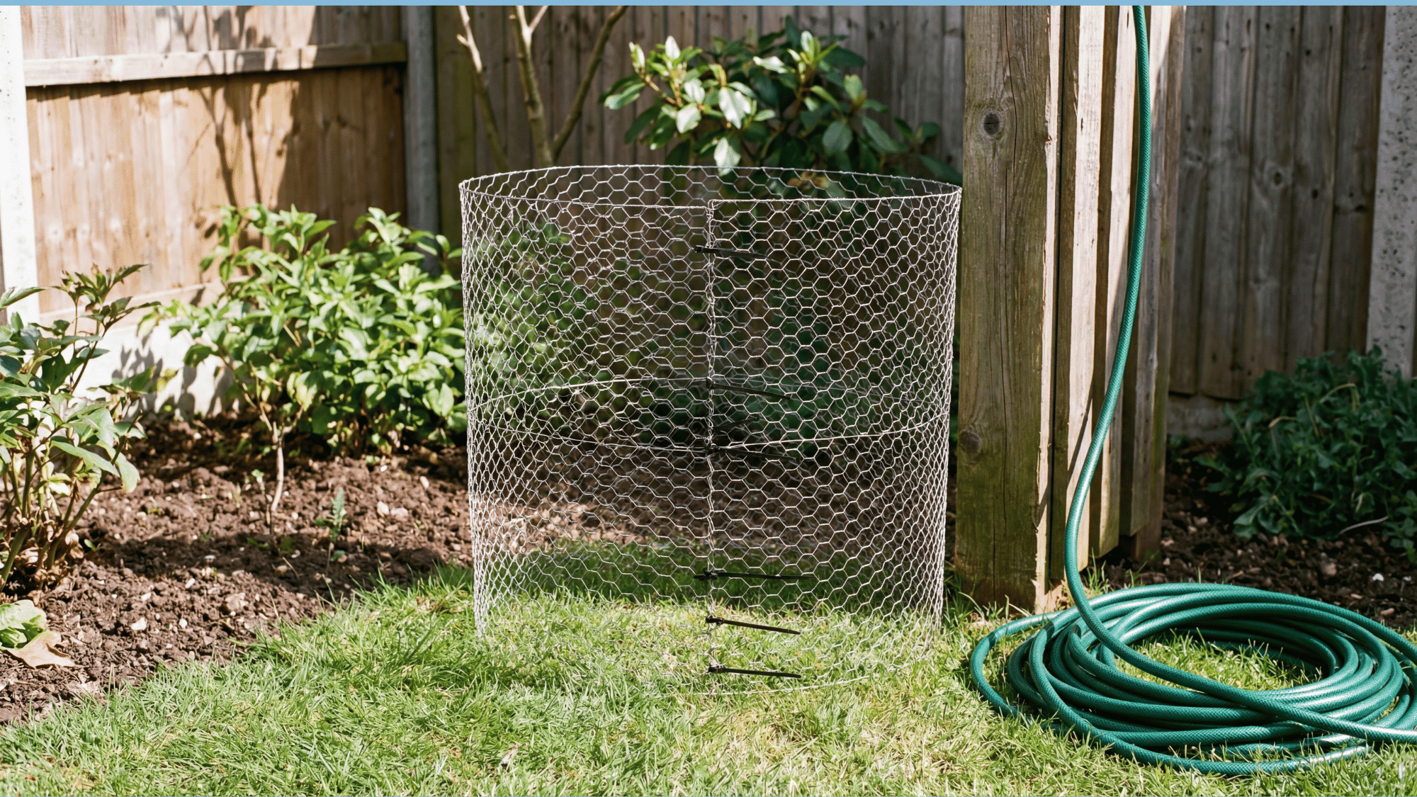 Chicken wire compost bin placed in a sunny backyard near a water hose.