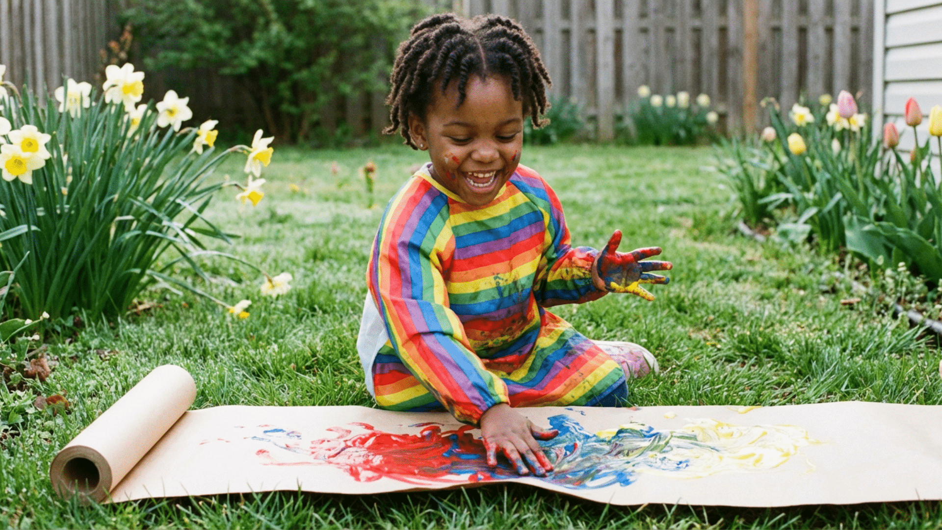Child creating finger painting artwork with colorful paint
