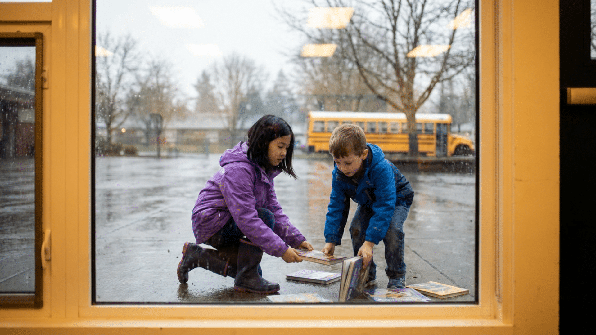 Child helping a friend pick up books that dropped on the floor