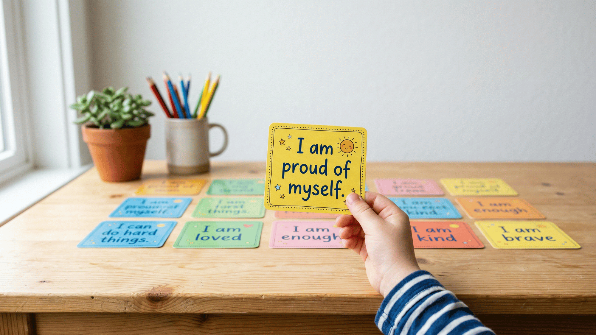 Child holding positive affirmation card on a clean desk