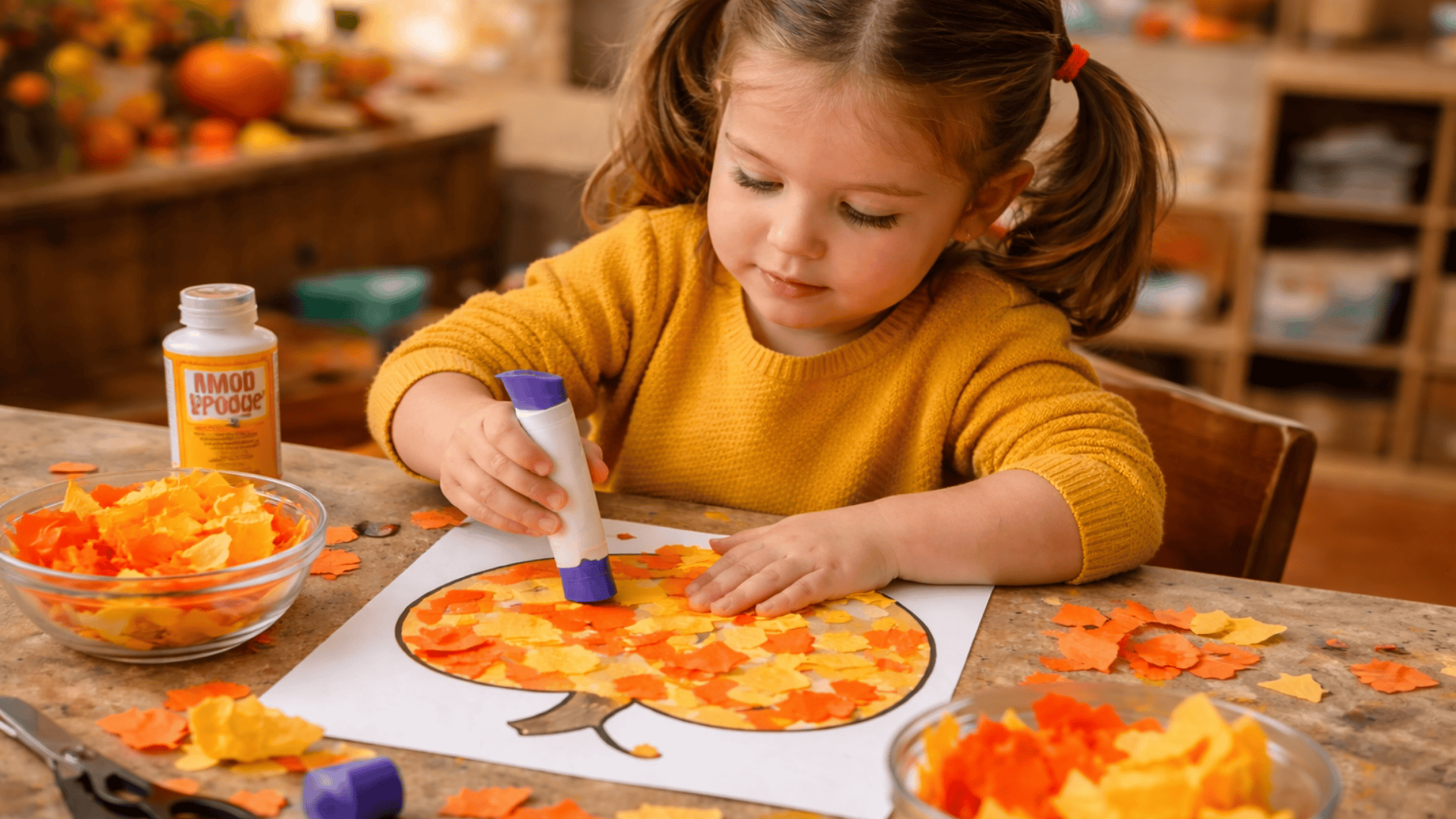 Child making a torn paper pumpkin mosaic craft, gluing orange and yellow tissue pieces onto a pumpkin outline at a fall-themed craft table.