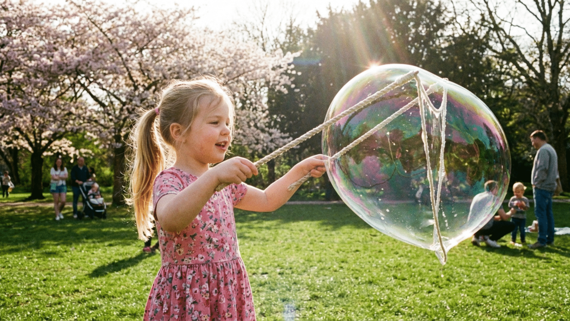 Child making giant bubbles using homemade bubble solution