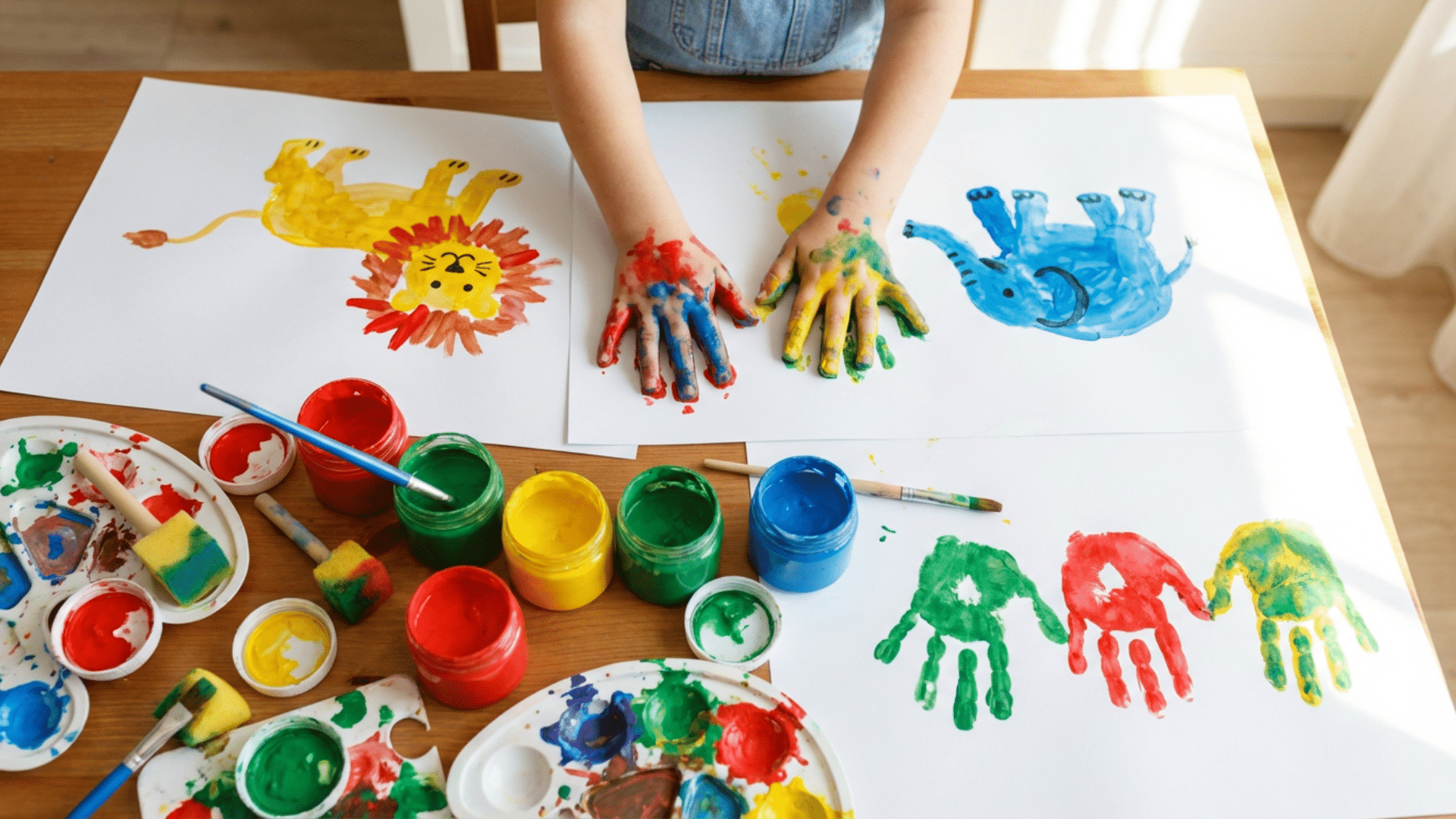 Child making handprint animal art using colorful paint on paper