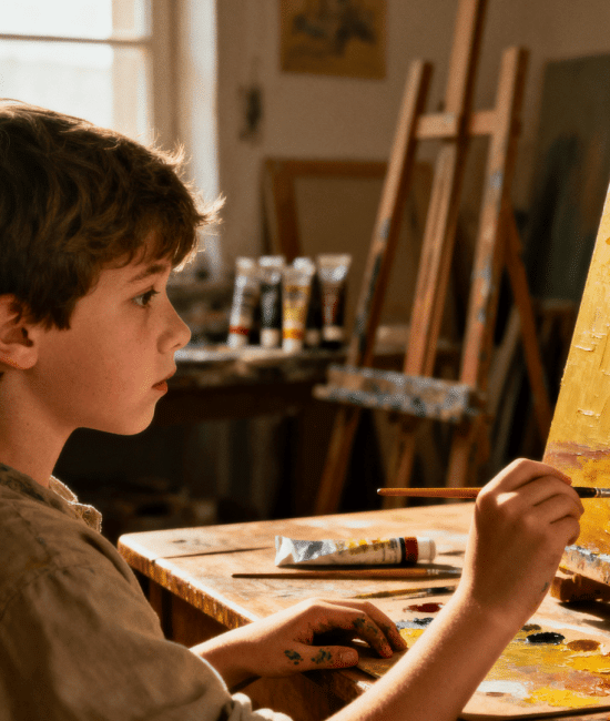 Child paints a still life of sunflowers on canvas in a bright art studio, focused and expressive with brushes, paints, and easels around