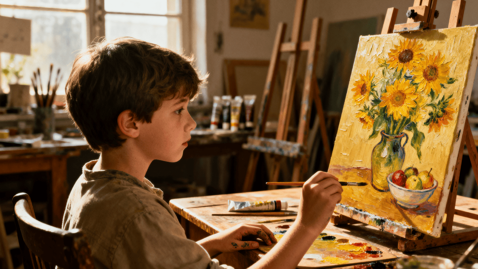 Child paints a still life of sunflowers on canvas in a bright art studio, focused and expressive with brushes, paints, and easels around