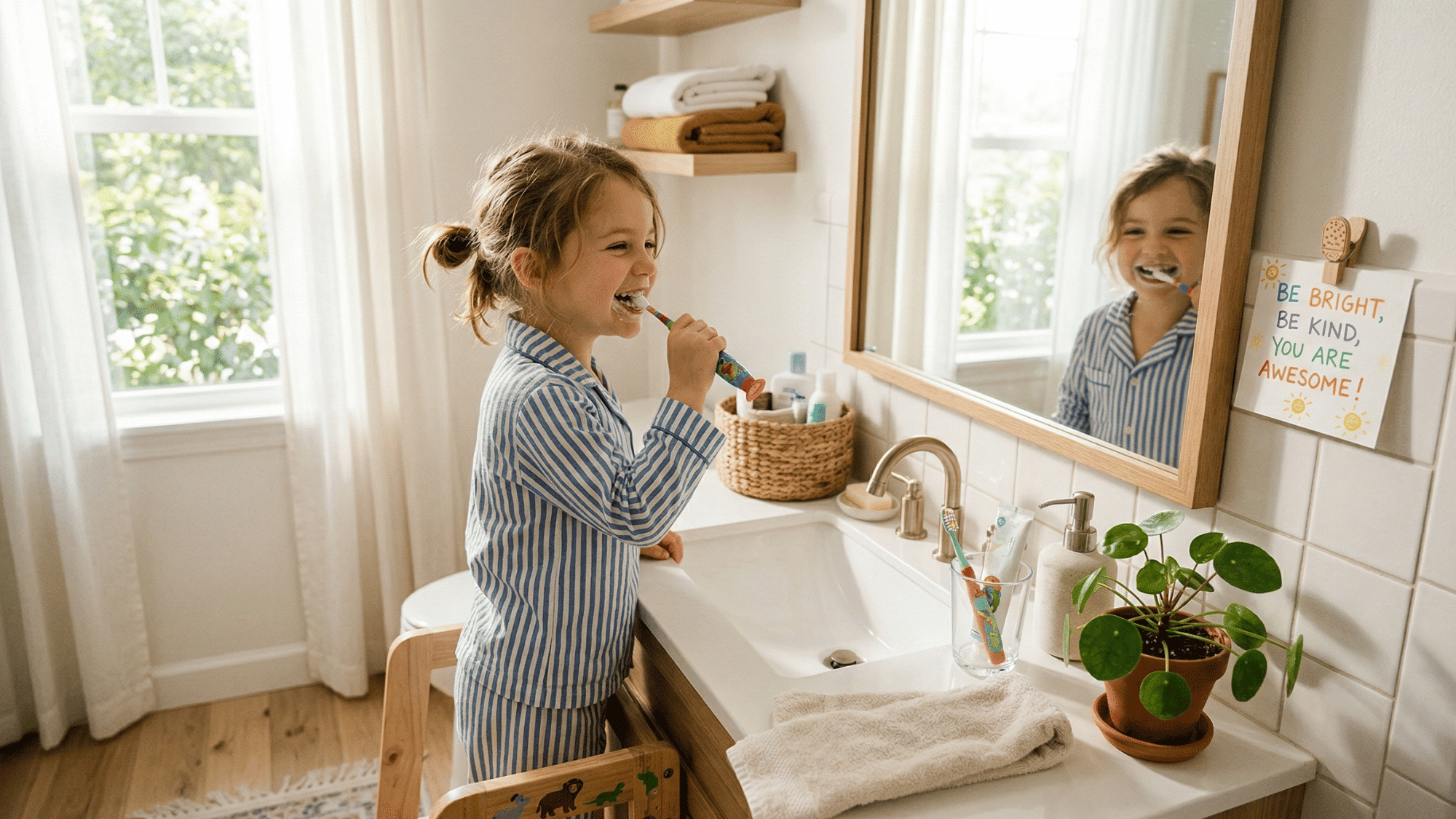 Child reading affirmation note during morning routine