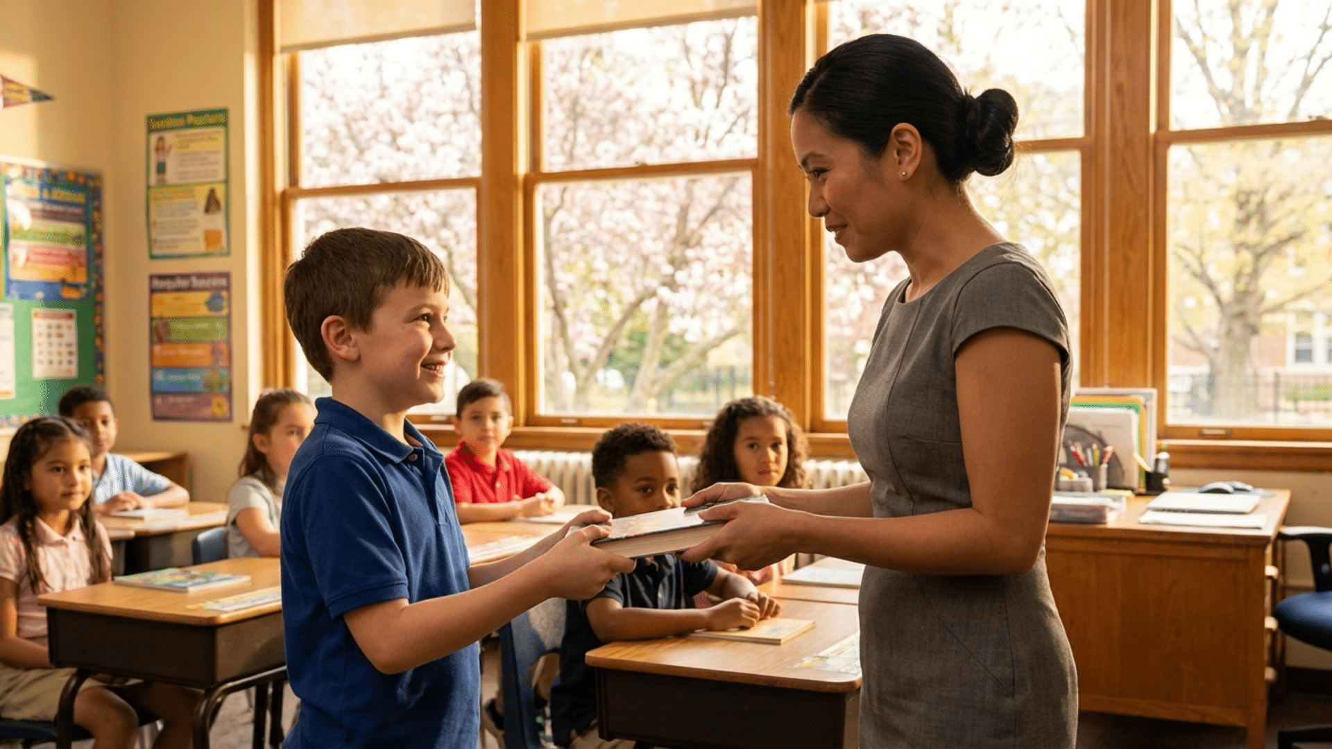 Child saying thank you while receiving help from a teacher