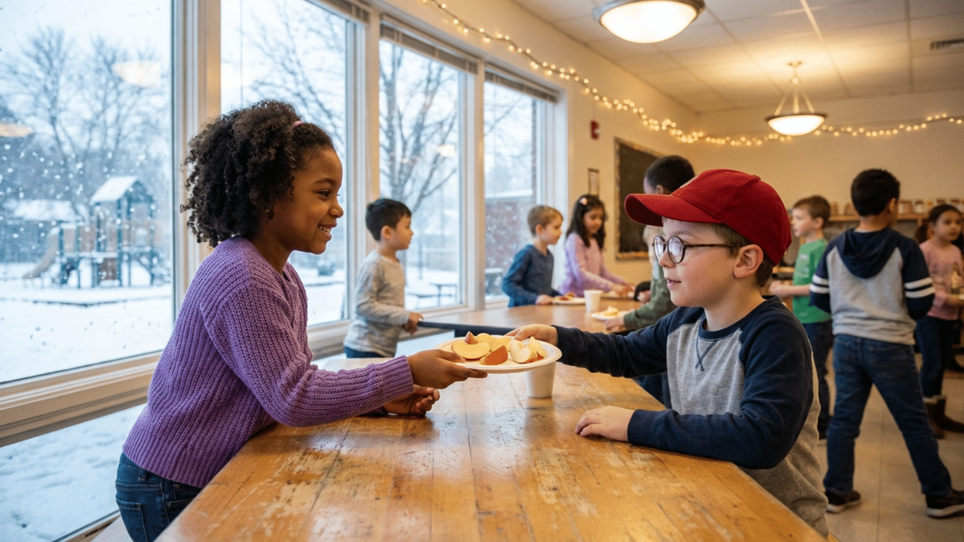 Child sharing food with classmate showing kindness
