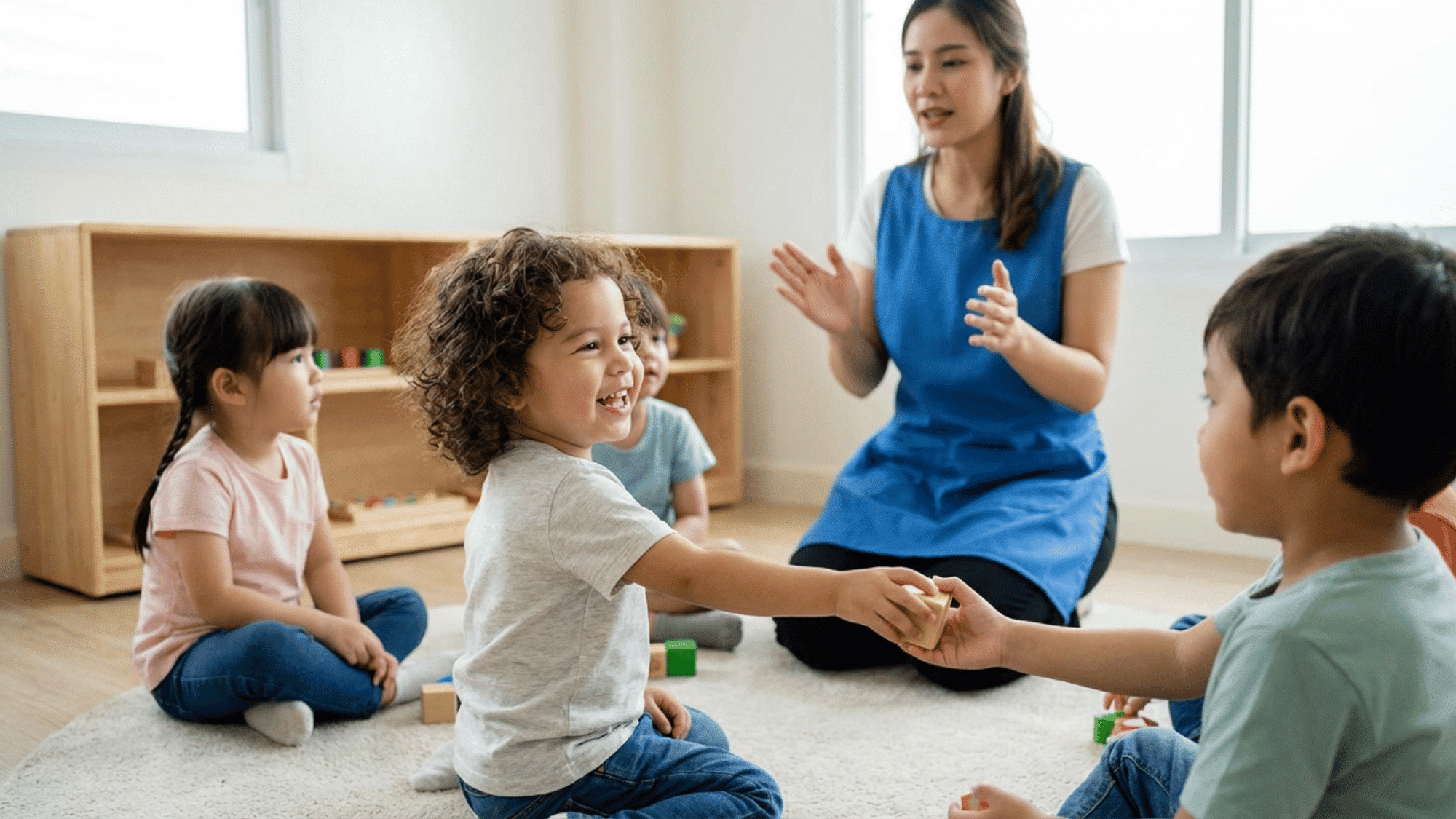 Child showing preschool readiness by playing, listening, and interacting with others