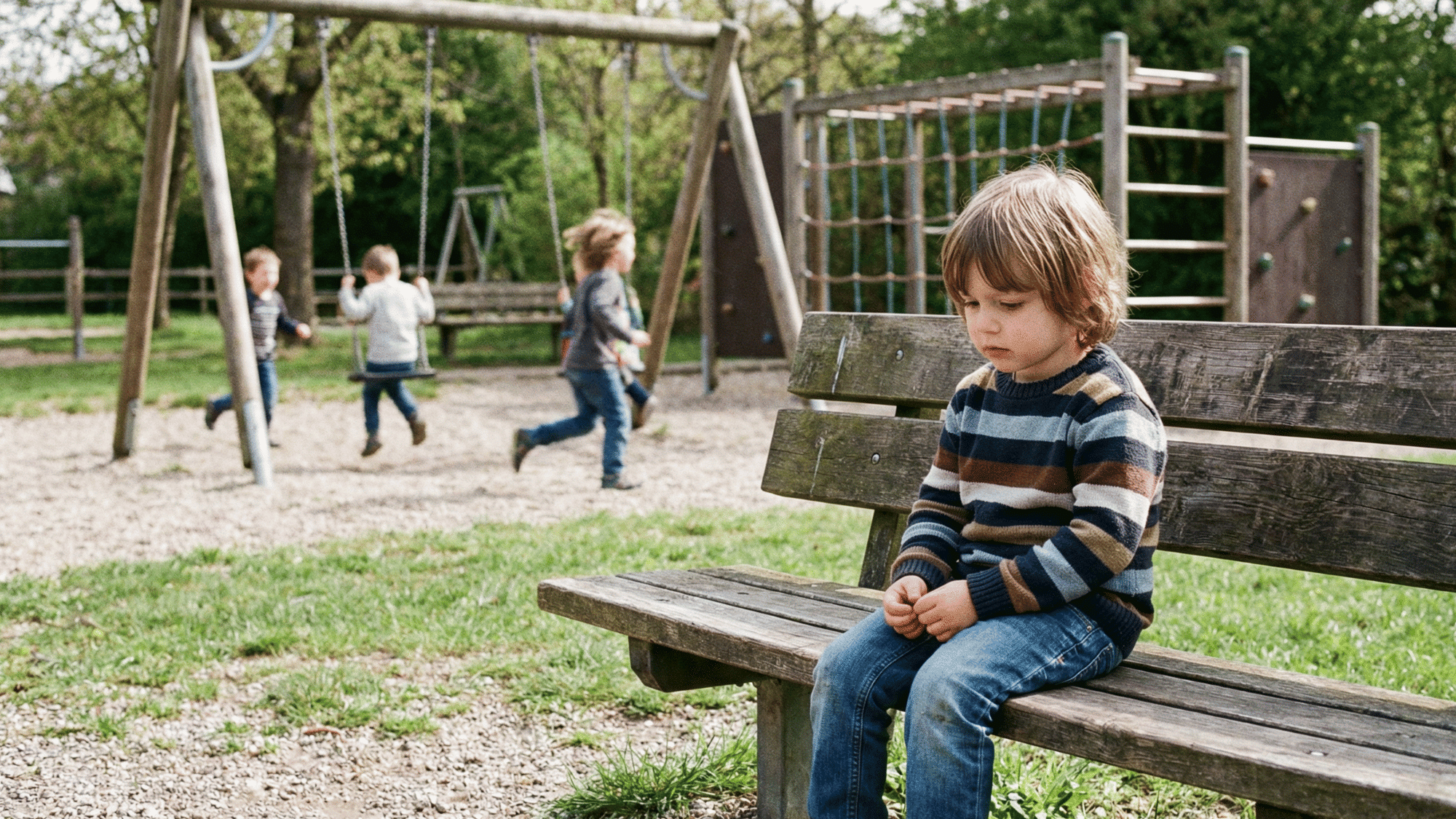 Child sitting alone on playground bench while others play.