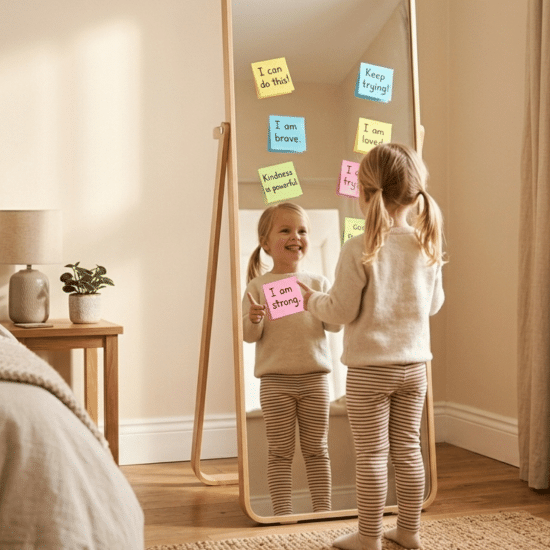 Child smiling at mirror with positive affirmation notes on it.