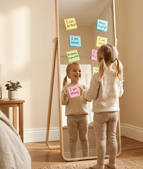 Child smiling at mirror with positive affirmation notes on it.