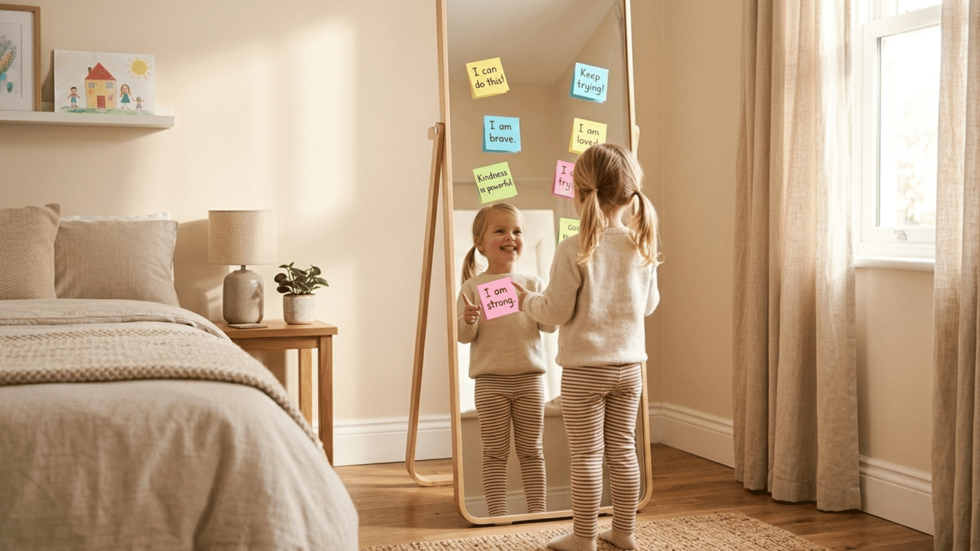 Child smiling at mirror with positive affirmation notes on it.