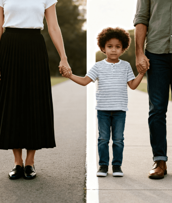 Child stands between separated parents holding their hands on split paths, representing parallel parenting after divorce.