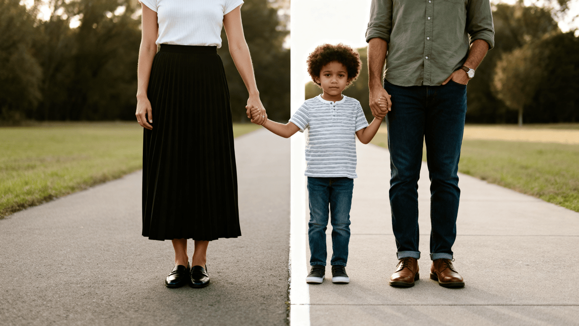 Child stands between separated parents holding their hands on split paths, representing parallel parenting after divorce.