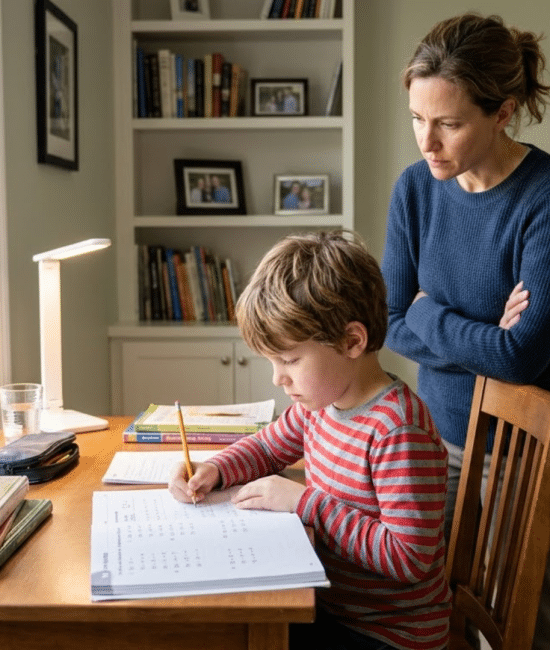 Child studying under strict parental supervision in a structured home environment