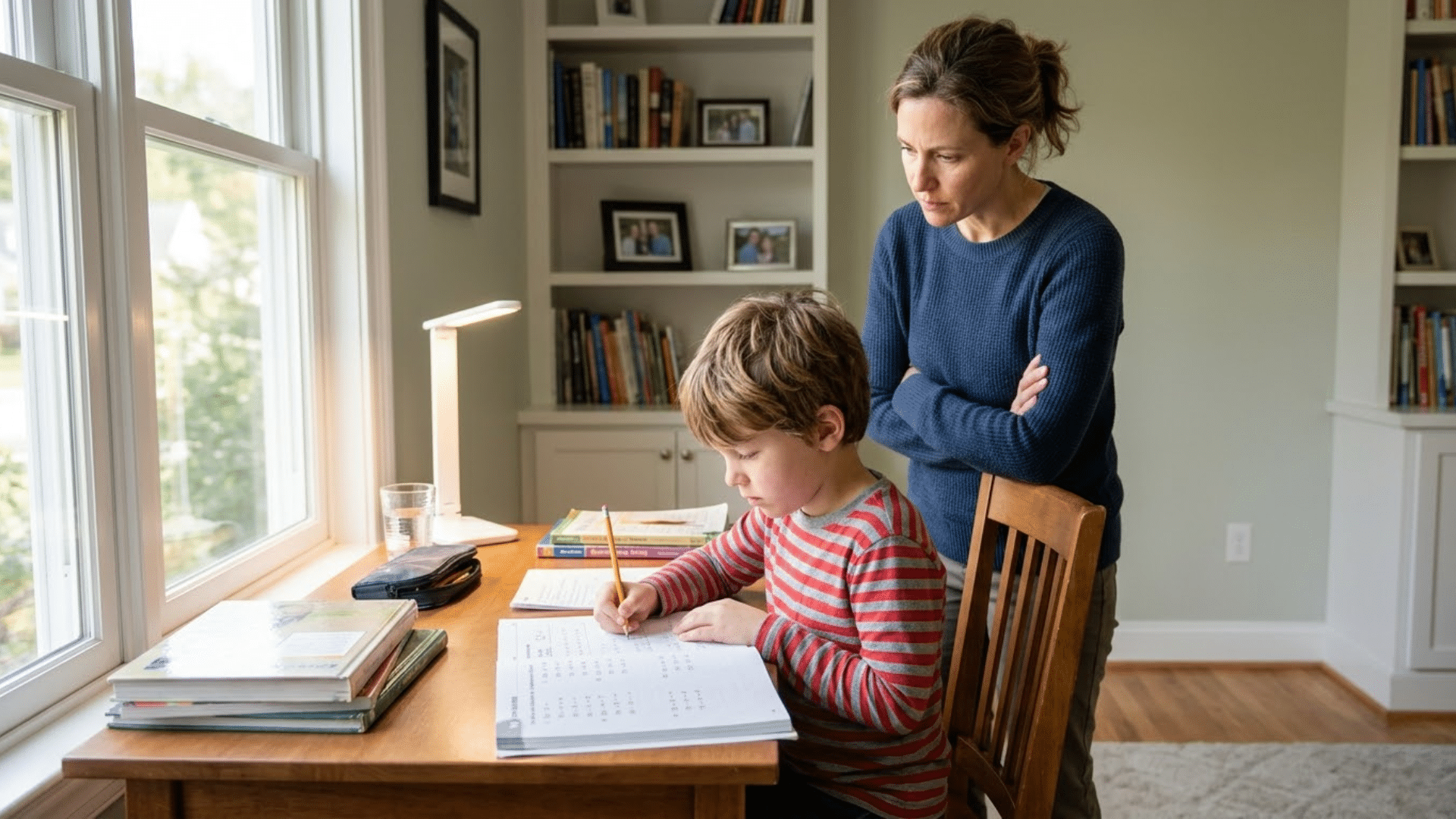 Child studying under strict parental supervision in a structured home environment