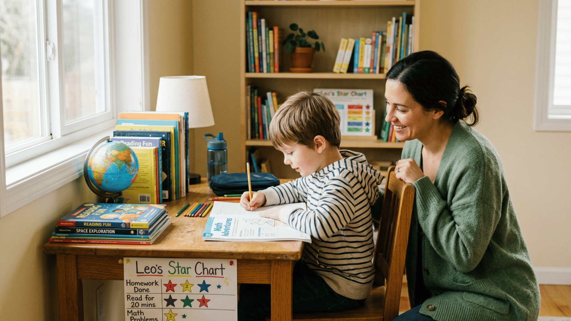 Child using a small reward chart to stay focused while studying at home.
