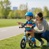 Child with helmet and safety pads standing next to a properly sized bike in a park.
