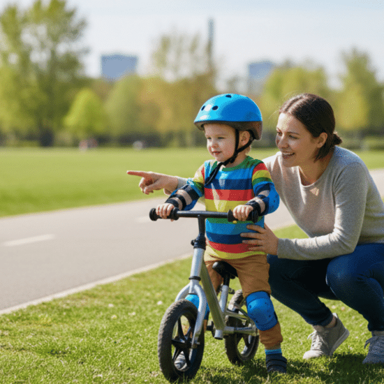 Child with helmet and safety pads standing next to a properly sized bike in a park.