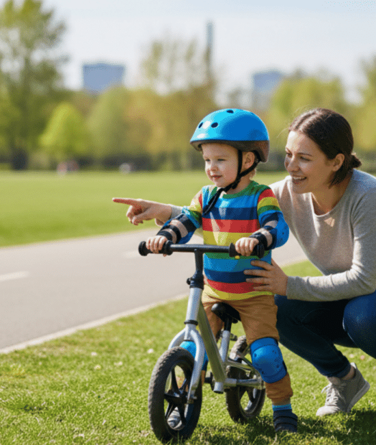 Child with helmet and safety pads standing next to a properly sized bike in a park.