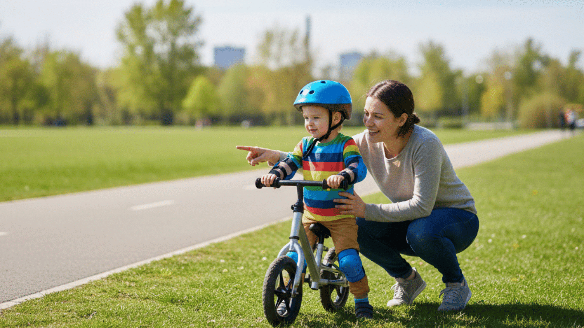 Child with helmet and safety pads standing next to a properly sized bike in a park.