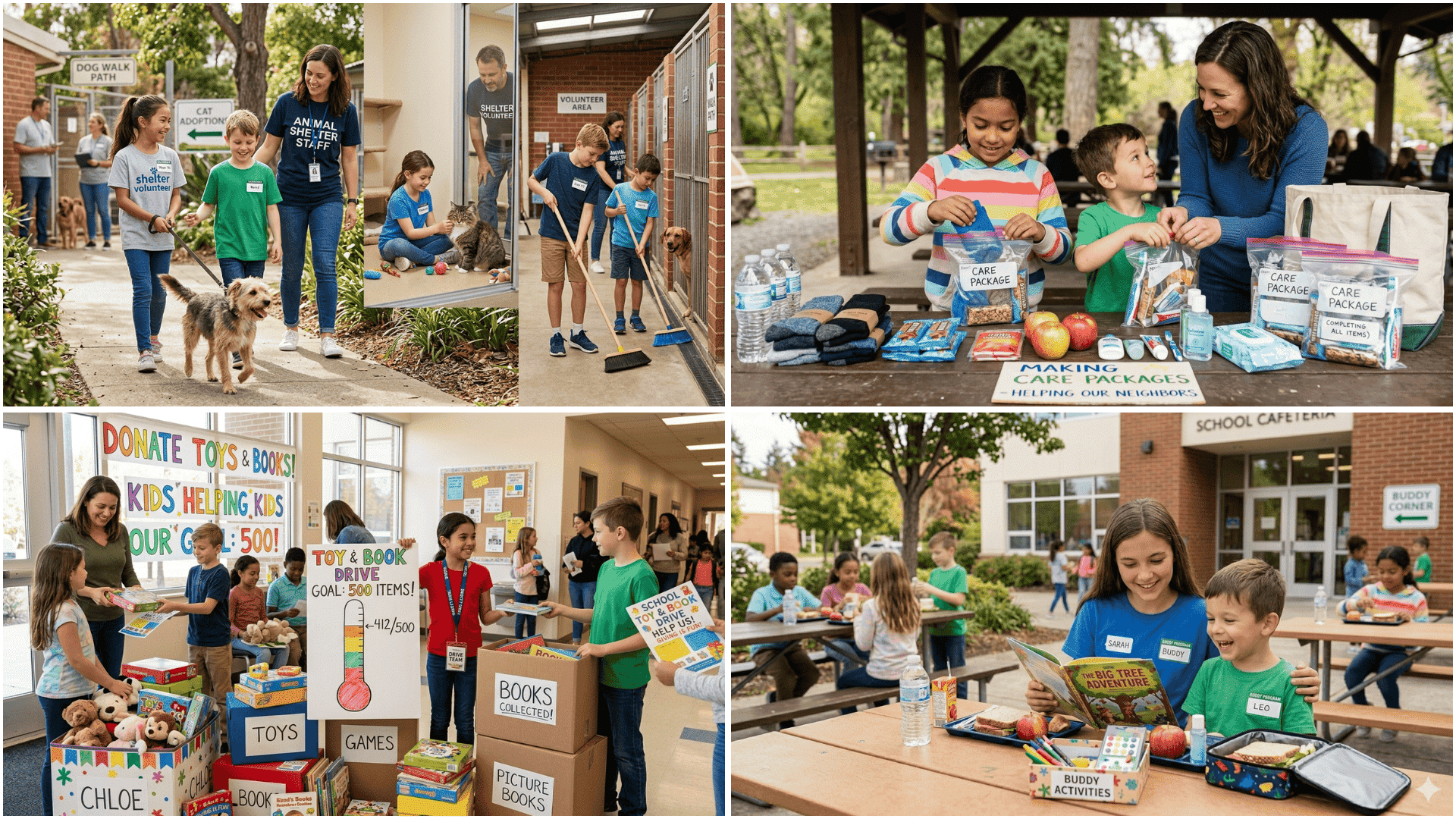 Children and volunteers help animals, pack care kits, donate toys and books, and read together in community service activities at school and parks.