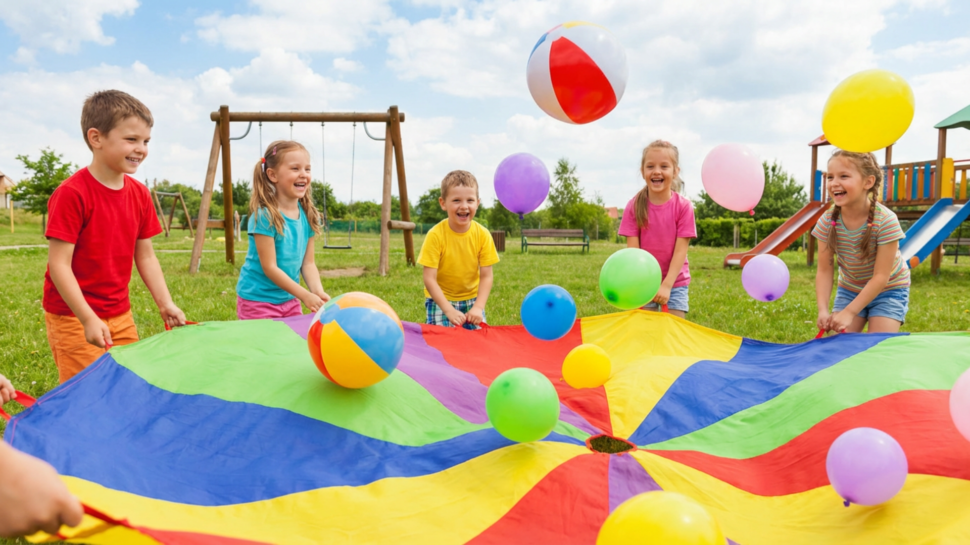 Children bouncing beach balls on a colorful parachute during parachute object games.