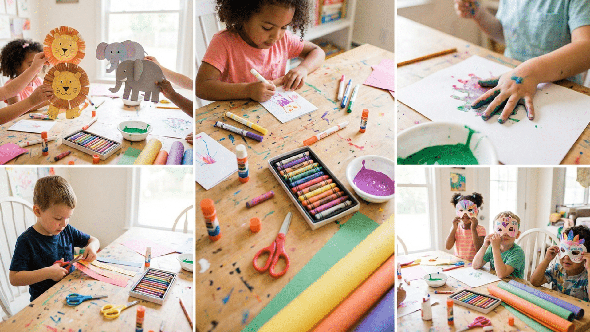 Children doing creative craft activities like paper plate animals, handprint art, and greeting cards