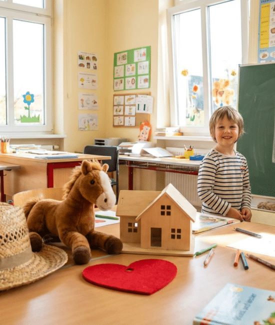 Children learning the letter H with objects like hat, house, and horse