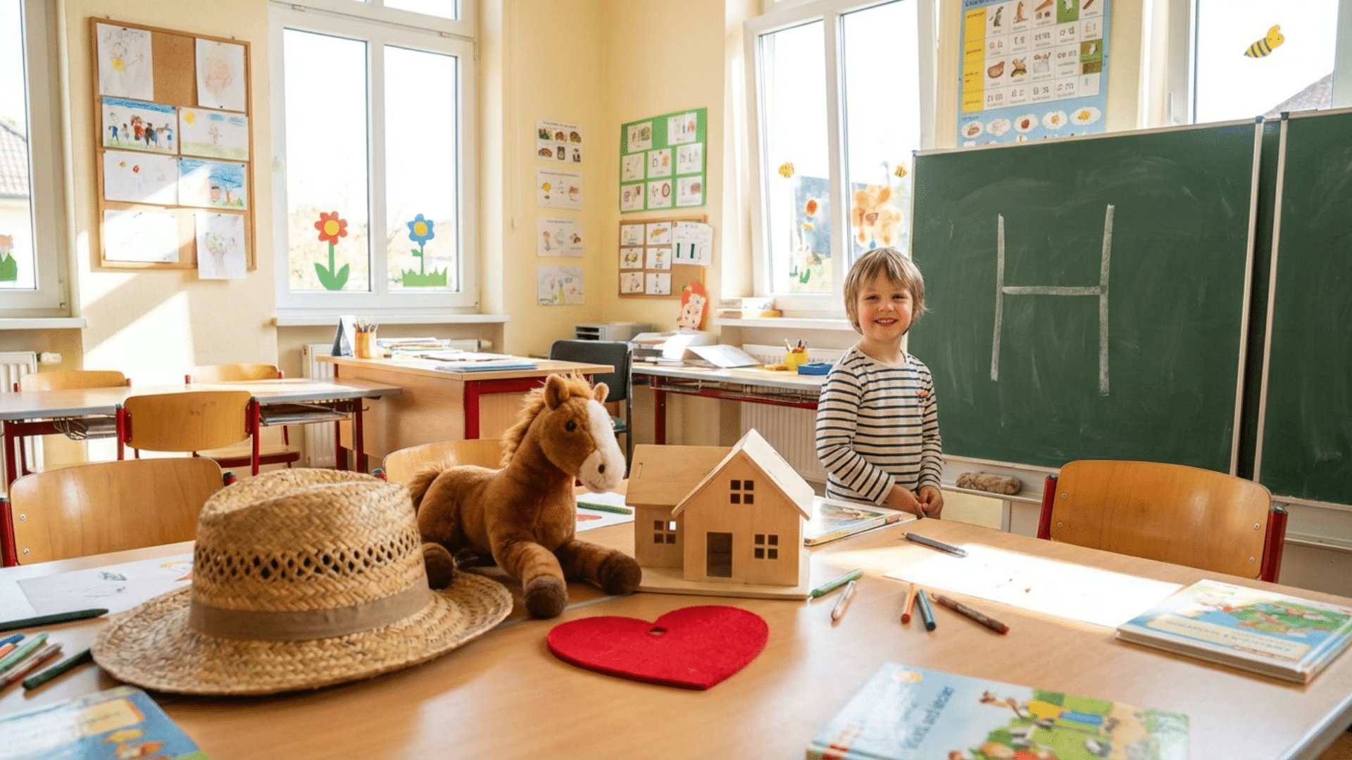 Children learning the letter H with objects like hat, house, and horse
