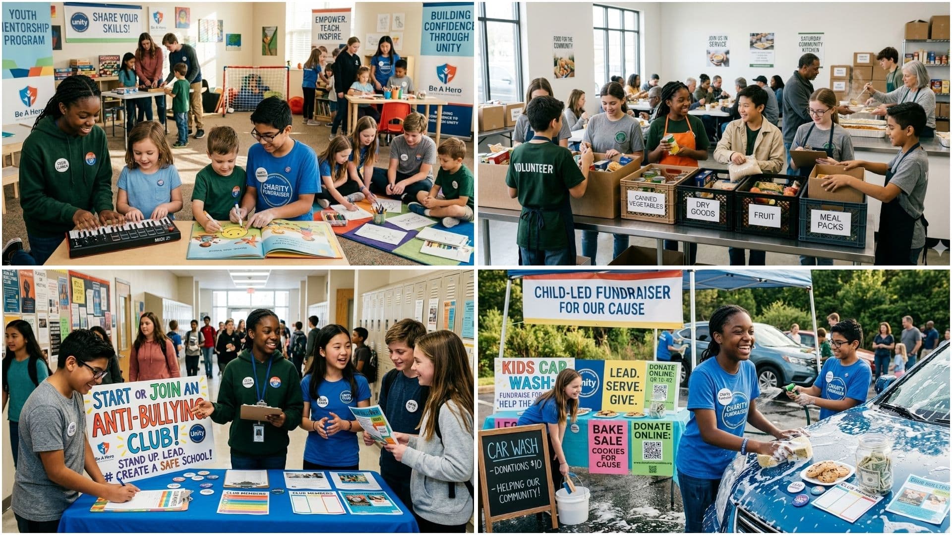 Children participating in community activities including mentoring, food donation packing, anti bullying club, and a charity car wash fundraiser. (1)