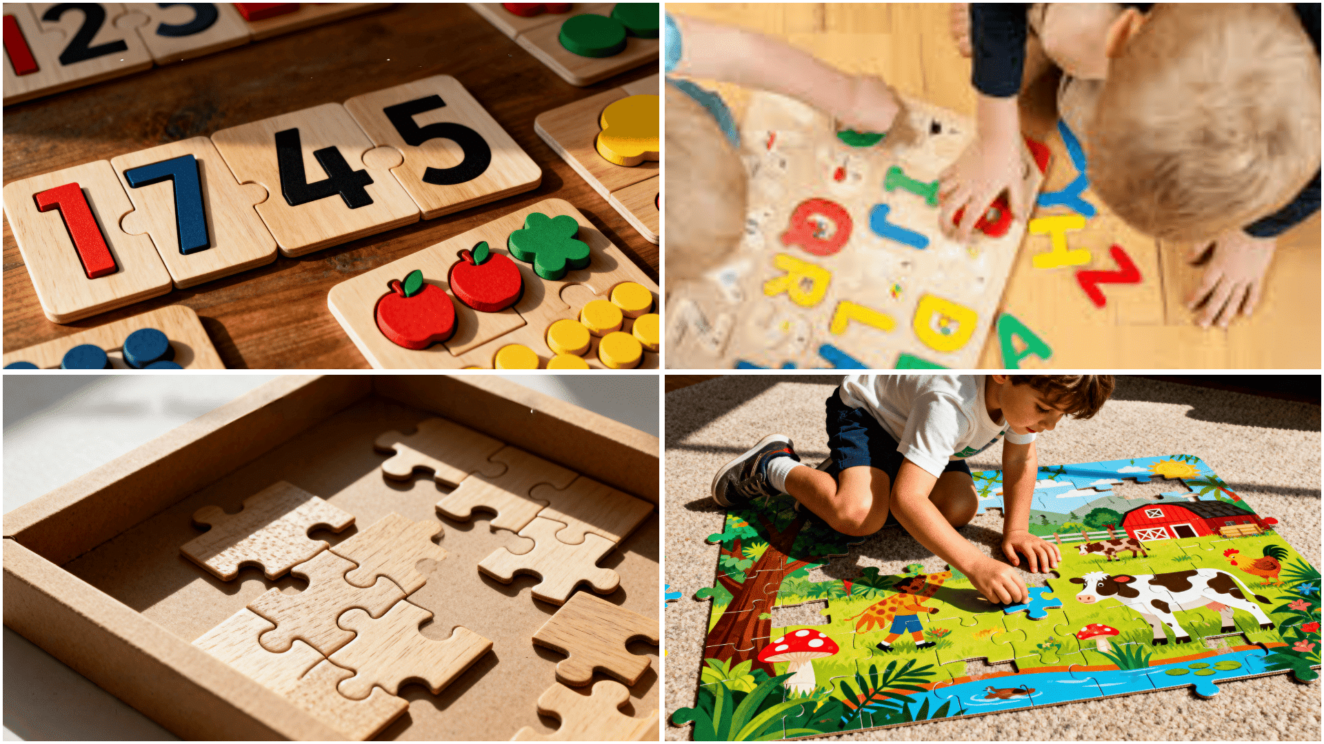 Children playing with wooden puzzles and stacking toys inset tray puzzle, stacking rings, animal sound puzzle board, and knob puzzle pieces.