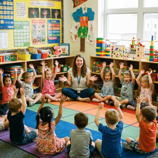 Children raising their hands during a Would You Rather game in a kindergarten classroom