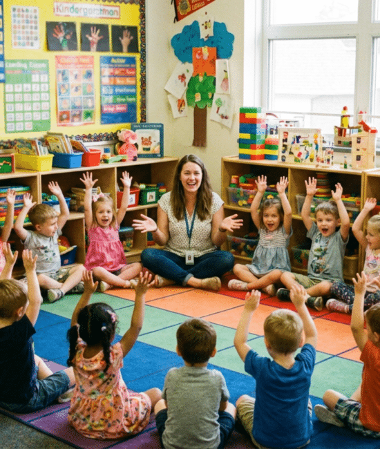 Children raising their hands during a Would You Rather game in a kindergarten classroom