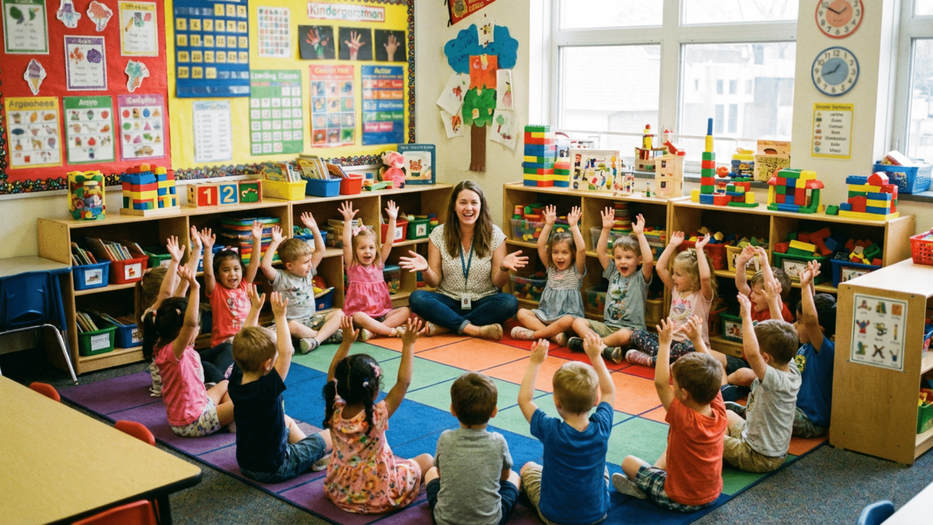 Children raising their hands during a Would You Rather game in a kindergarten classroom