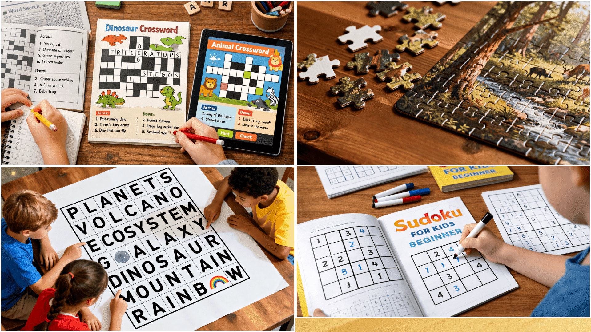 Children solving colorful crossword puzzles in books and on a tablet at a wooden table with pencils and puzzle materials.