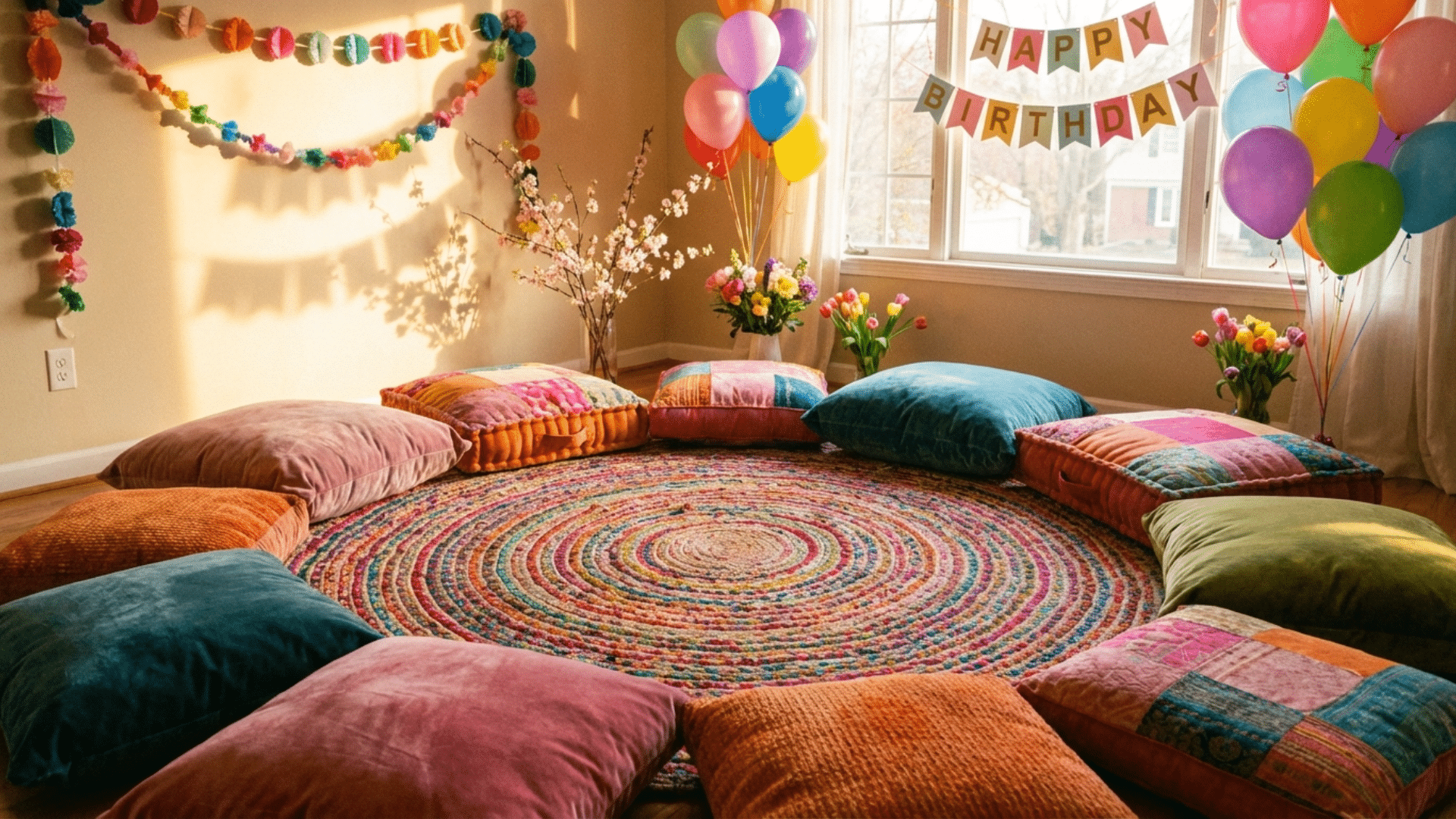 Circle seating setup for storytelling birthday activity
