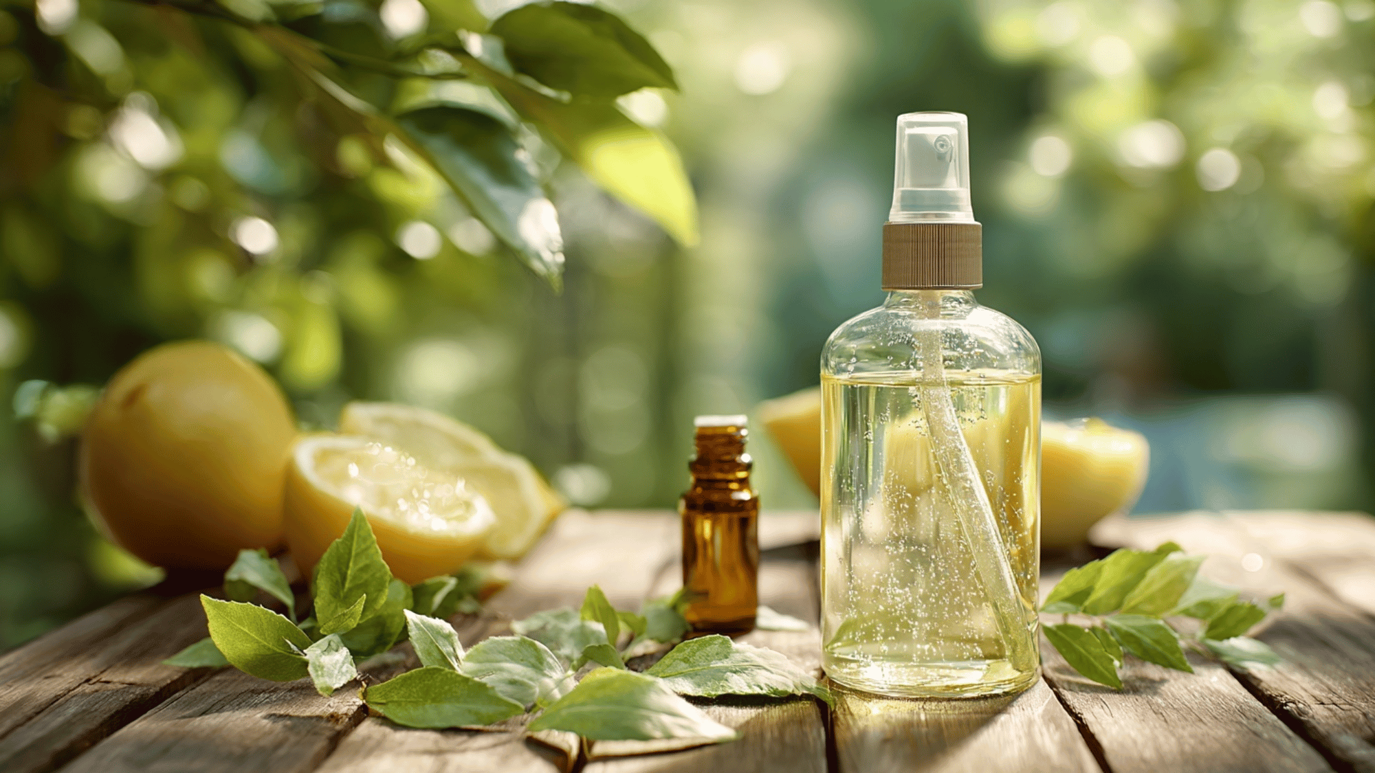 Citronella mosquito repellent spray with citronella leaves on a simple outdoor table.
