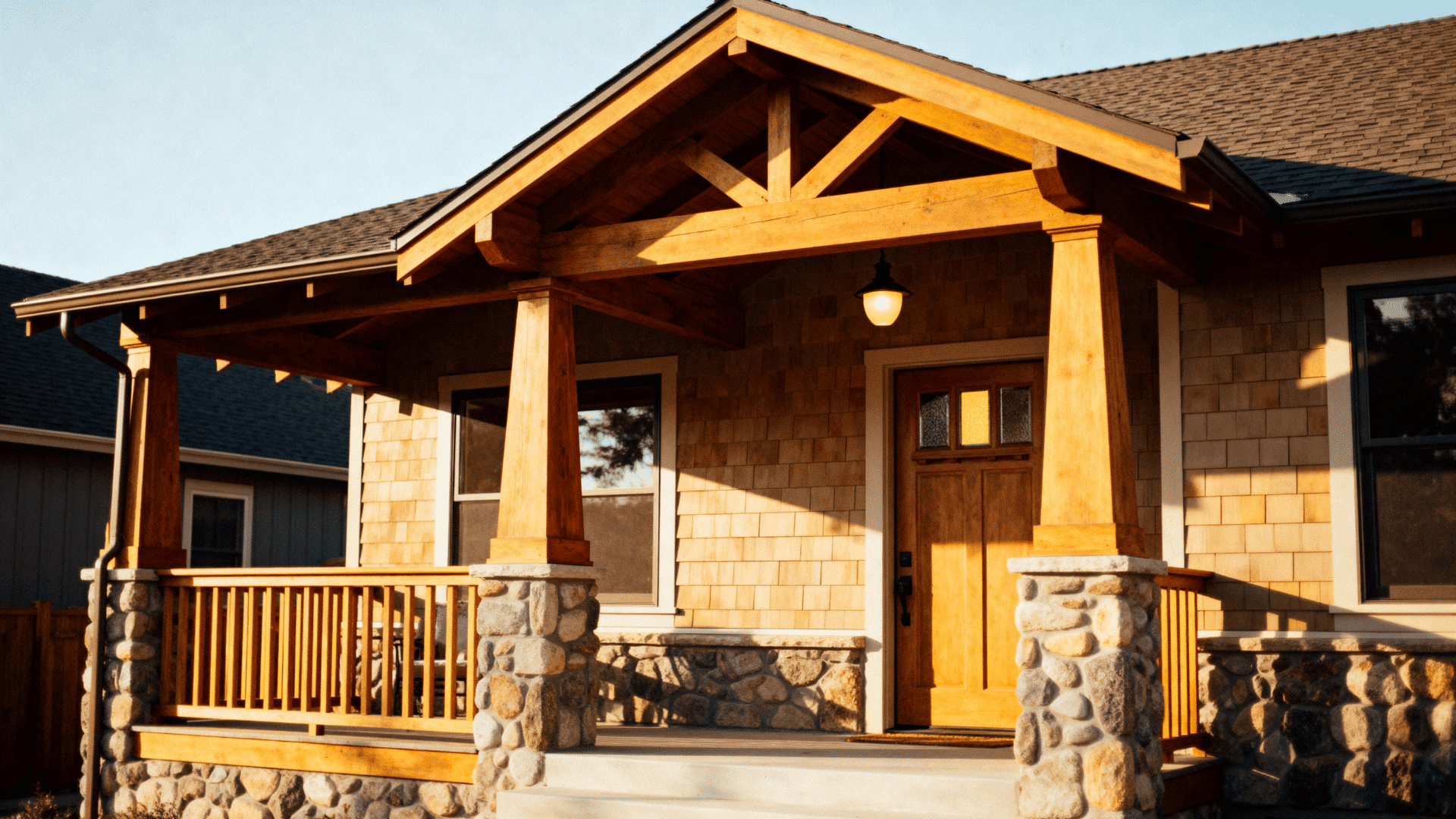 Classic Craftsman bungalow with a wooden front porch, stone columns, cedar shingle siding, and a warm wood door lit by evening light.