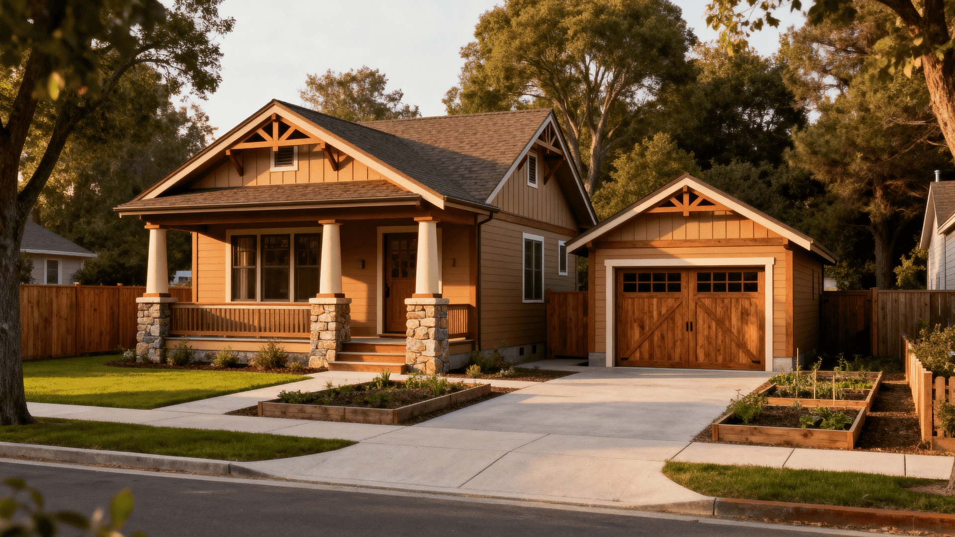 _Classic Craftsman bungalow with gabled roof, stone porch columns, wood garage doors, landscaped yard, and detached garage.
