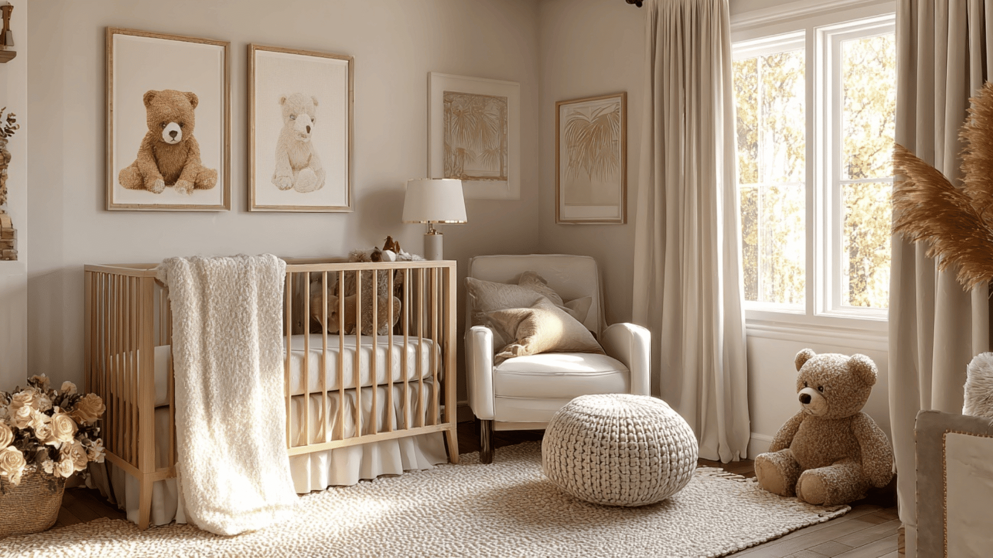 Classic nursery with wooden crib, soft neutrals, vintage decor, and warm lighting.