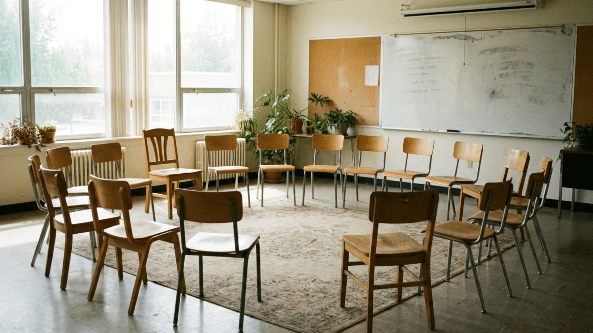 Classroom chairs arranged in a circle for discussion