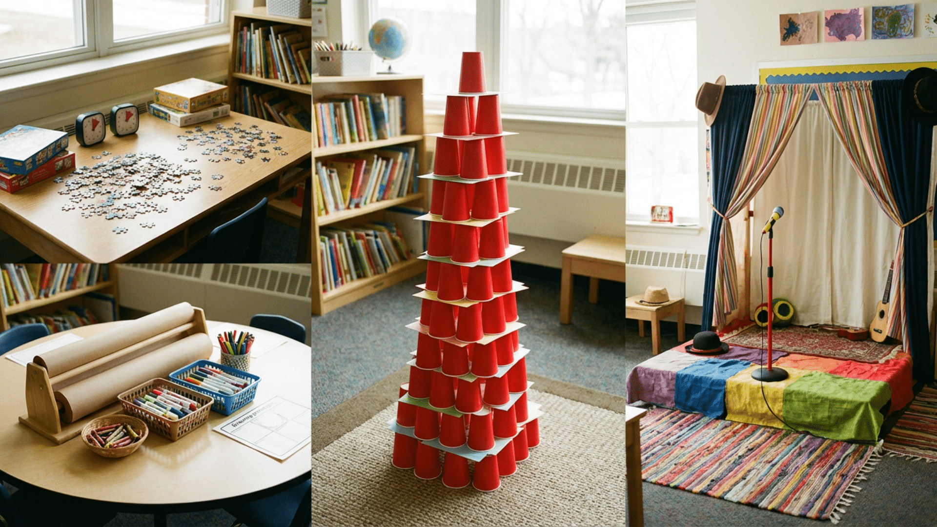 Classroom materials for creative indoor recess games like puzzle race, tower building, drawing activities