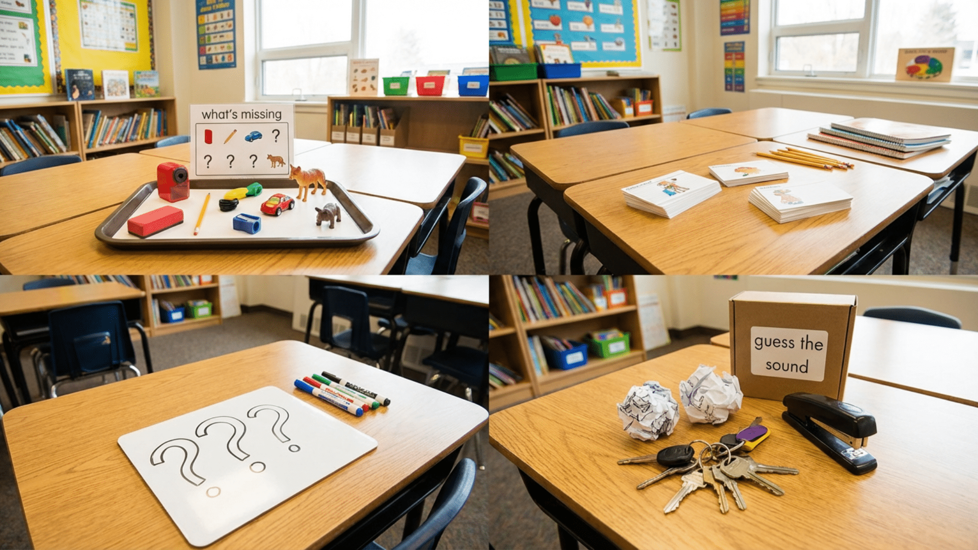 Classroom materials used for listening and thinking indoor recess games like riddles, guessing games