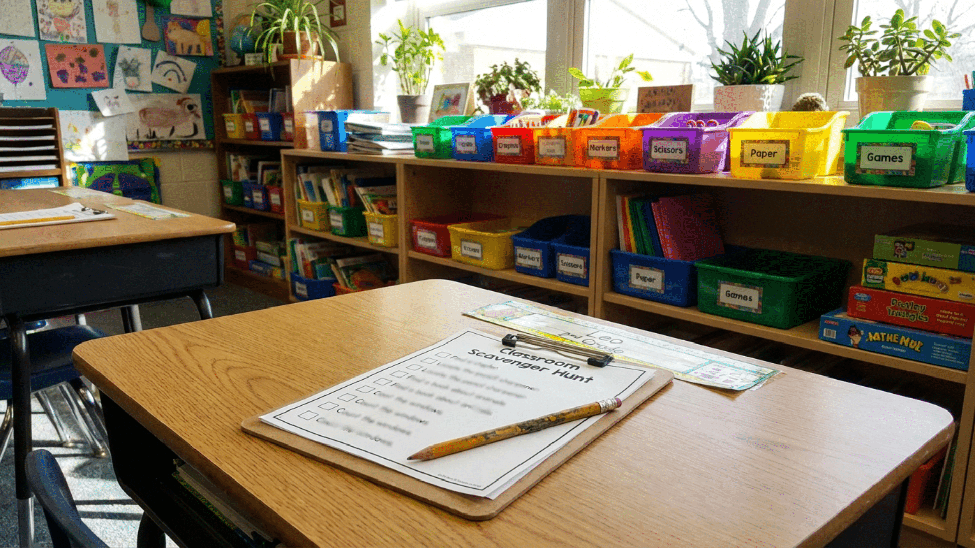 Classroom scavenger hunt worksheet on a desk with labeled classroom areas